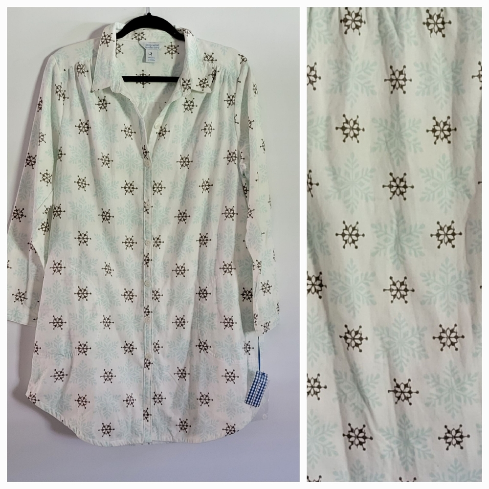 NEW Sleep Sense Snowflake Portuguese Flannel Button-Down Night Shirt, Large - Picture 9 of 10